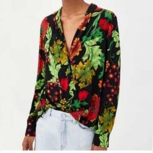 Zara trf Collection Surplice V-neck Floral Crossover Faux Wrap Blouse M